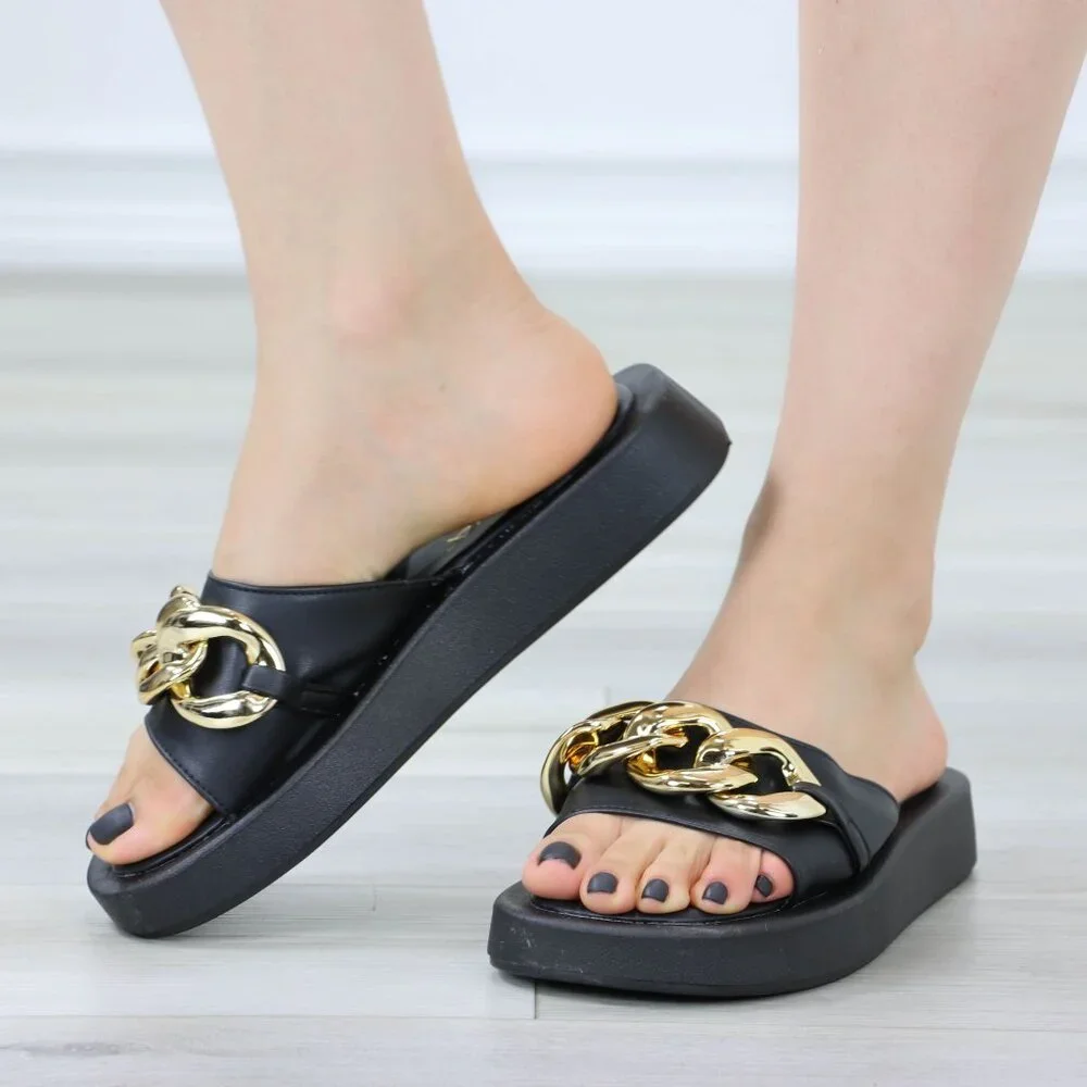 Black Slide Chunky Sandals Gold Chain Thick Sole Slip-On Casual Chic